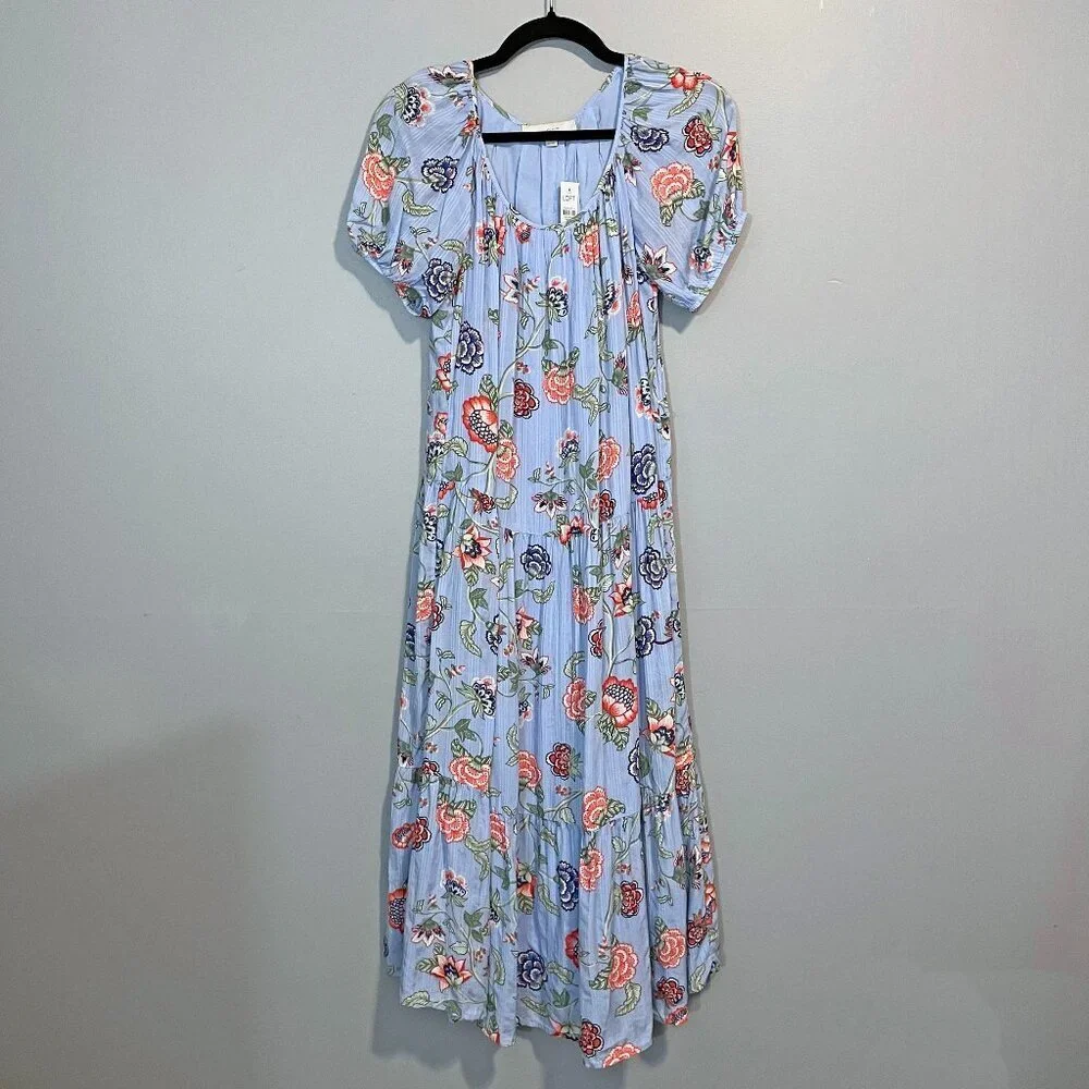 Last Call! New Loft Floral Rayon Tiered Puff Sleeve Midi Dress Blue Small - Picture 2 of 7